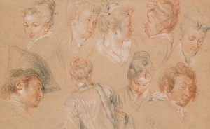 Jean-Antoine Watteau, Feuille d’étude de neuf têtes, DDUT972